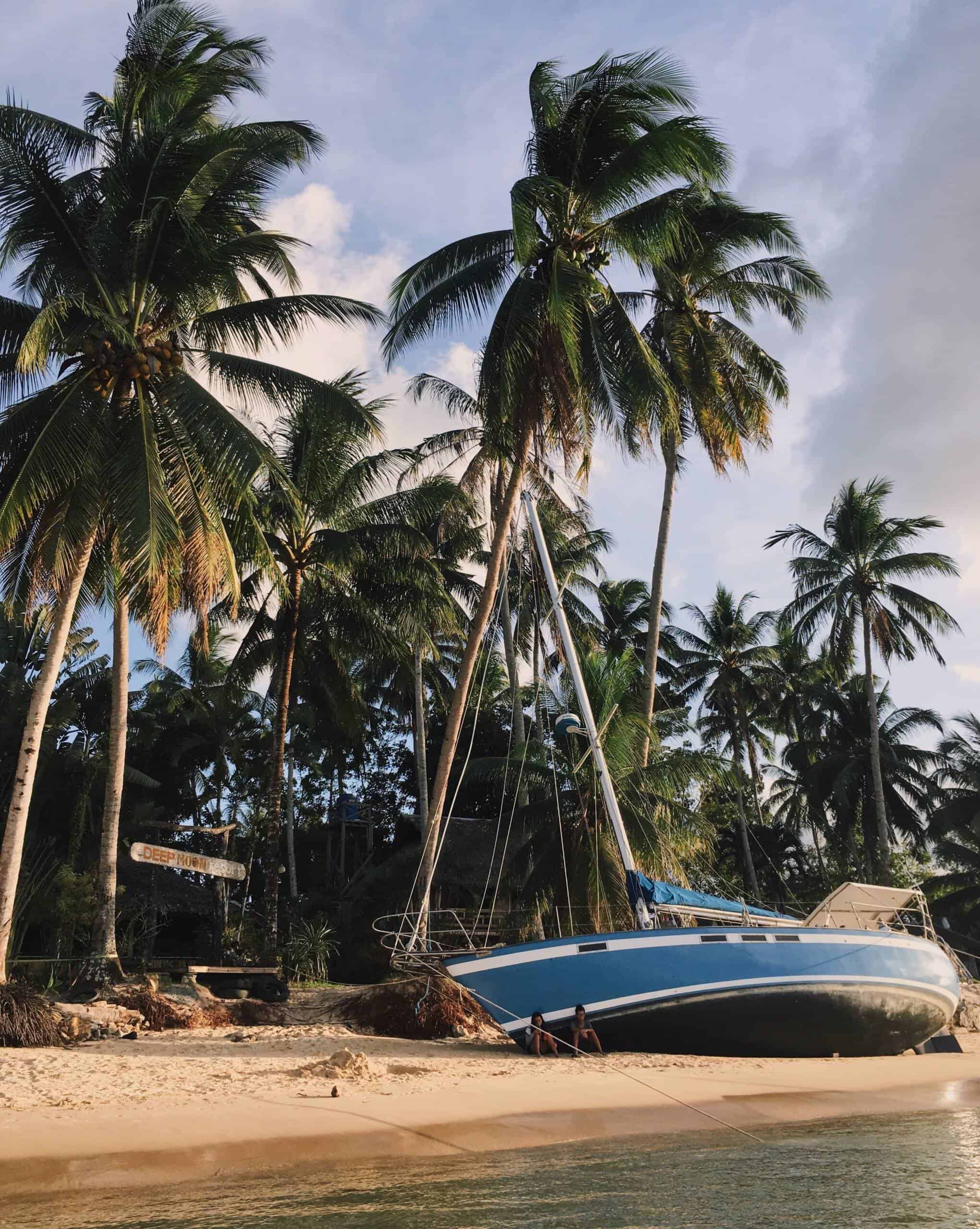 Schönes Bild von Palmen und einem Boot am Strand der San Blas Inseln.
