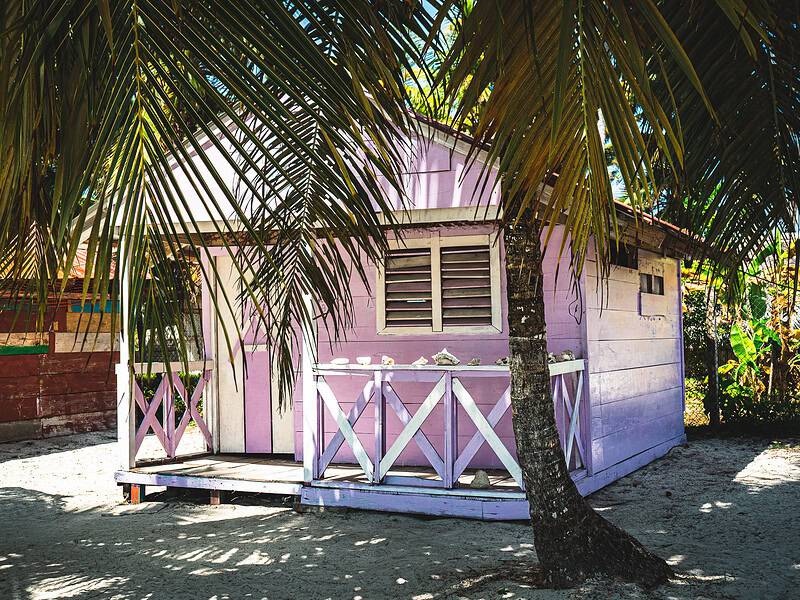 Buntes Strandhäuschen auf San Blas Inseln, Panama, mit Palmen im Vordergrund.