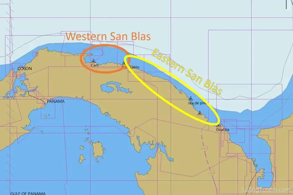 Karte der San Blas Inseln in Panama mit Western und Eastern San Blas.