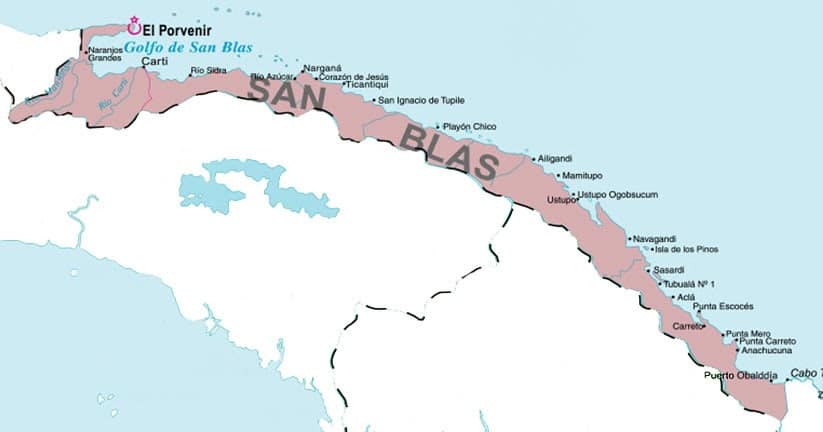 Karte der San Blas Inseln in Panama mit Guna Yala Region.